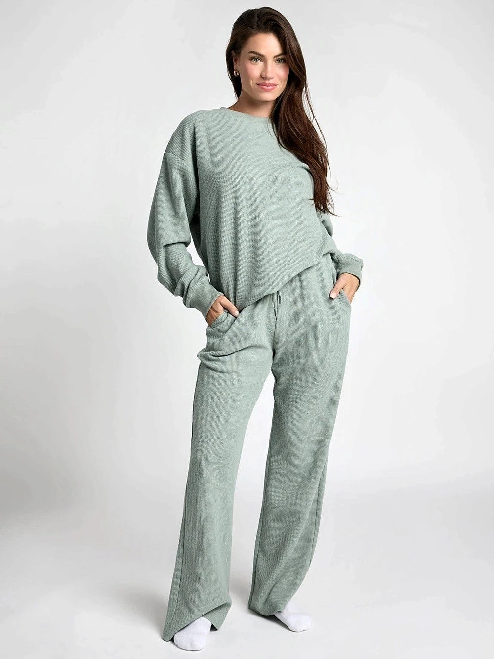 Comfrt Waffle Lounge Long Sleeve & Waffle Lounge Pants Set Sage Green Pants - BR